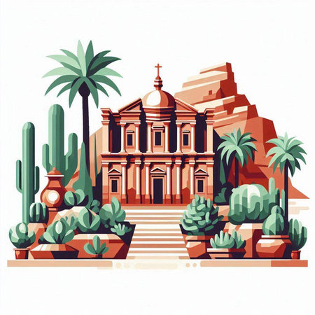 Ancient temple in Egypt with palm trees and cacti. Vector illustrationのイラスト素材