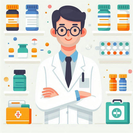 Male pharmacist standing in front of shelves with medicines. Vector flat illustrationのイラスト素材