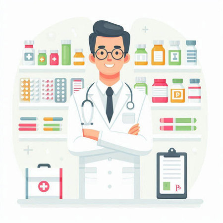 Male pharmacist standing in front of shelves with medicines, vector illustrationのイラスト素材