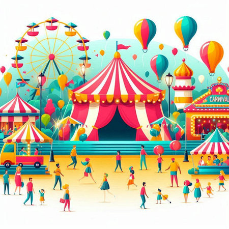 Amusement park with funfair and people. Vector illustration.のイラスト素材