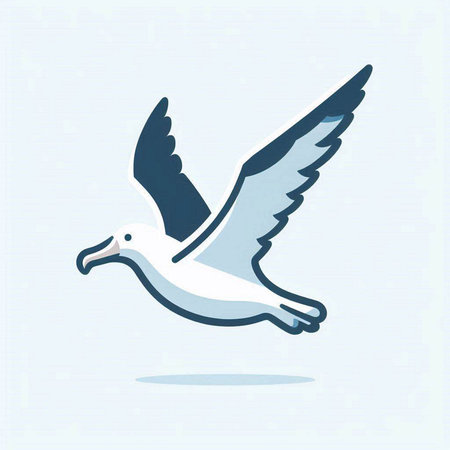 Flying seagull isolated on blue background. Vector illustration in flat style.のイラスト素材
