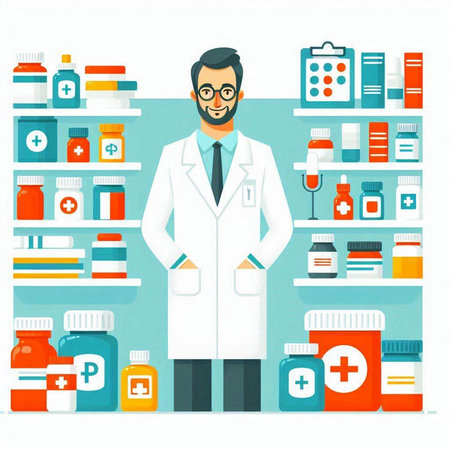 Pharmacist standing in front of shelves full of medicines. Vector illustration in flat styleのイラスト素材