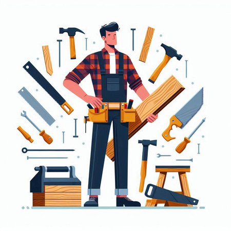 Carpenter. Carpenter with tools. Vector illustration in flat styleのイラスト素材