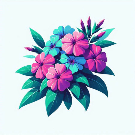 Bouquet of pink and blue flowers with green leaves. Vector illustration.のイラスト素材