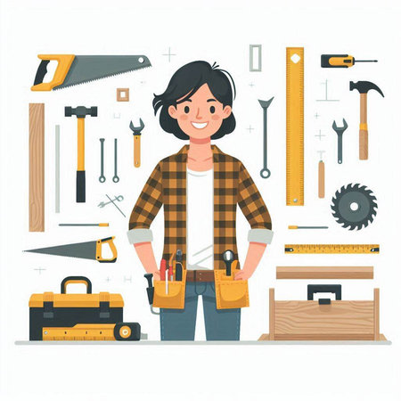 Carpenter with tools. Vector illustration in flat cartoon style.のイラスト素材