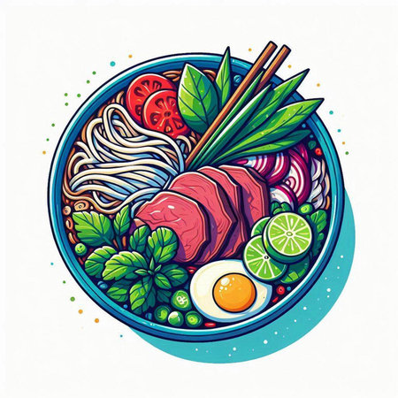 Noodles in bowl with chopsticks and vegetables. Hand drawn vector illustration.のイラスト素材