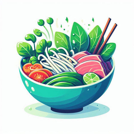 Illustration of noodle bowl with vegetables and meat. Vector illustration.のイラスト素材
