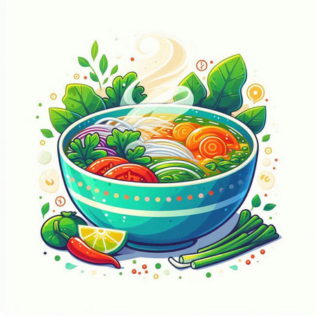 Illustration of a bowl of noodle soup with vegetables and herbsのイラスト素材
