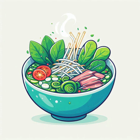 Illustration of a bowl of noodle soup with pork and vegetablesのイラスト素材