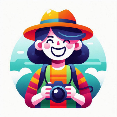 Tourist girl in hat with camera in hand. Vector illustration.のイラスト素材
