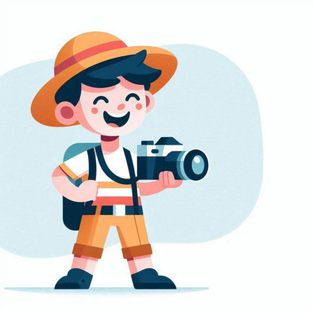 Cute little boy with camera. Vector illustration in cartoon style.のイラスト素材