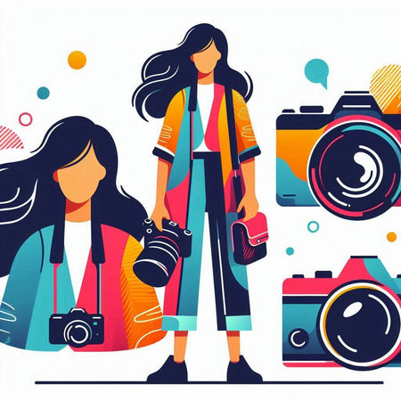 Photographer woman with camera. Vector illustration in flat design style.のイラスト素材