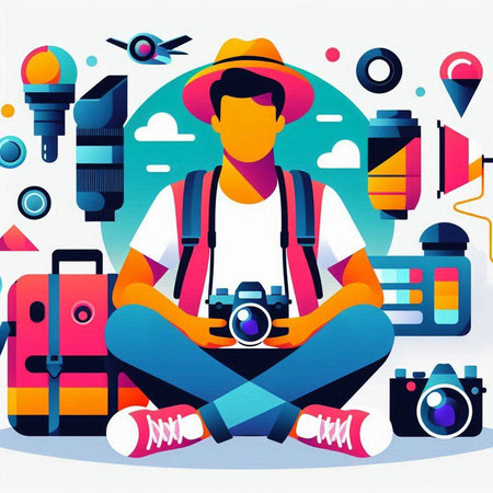 Photographer with camera and equipment. Vector illustration in flat style.のイラスト素材