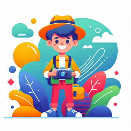 Boy tourist with camera and backpack. Vector illustration in flat cartoon styleのイラスト素材