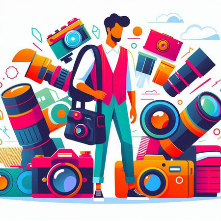 Photographer with camera equipment. Vector illustration in flat cartoon style.のイラスト素材
