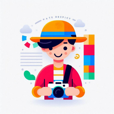 Vector illustration of a boy in a cap with a camera. Flat style.のイラスト素材