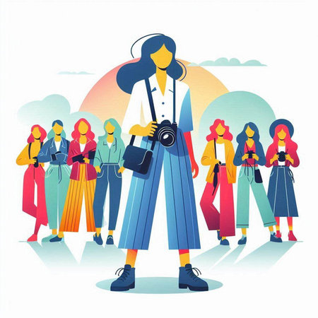 Vector illustration of a girl with a camera and a group of people.のイラスト素材