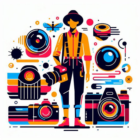 Photographer woman with camera equipment. Vector illustration in flat style.のイラスト素材