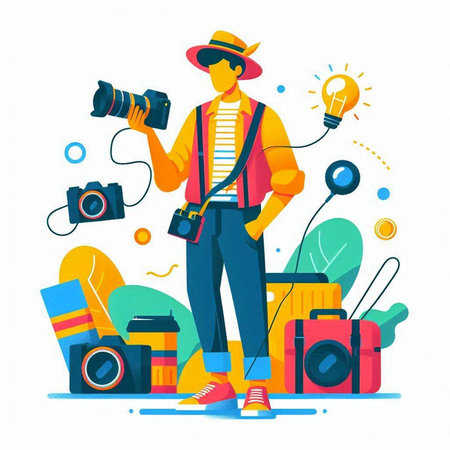 Photographer with camera and equipment. Vector illustration in flat style.のイラスト素材