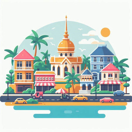 Vector illustration of the streets of the city. City landscape in flat style.のイラスト素材