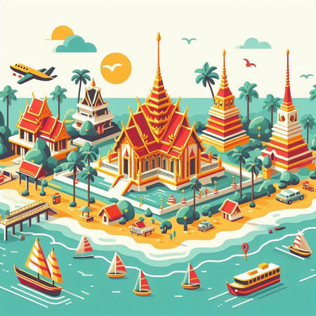 Buddhist temple isometric background with sea and boats vector illustrationのイラスト素材