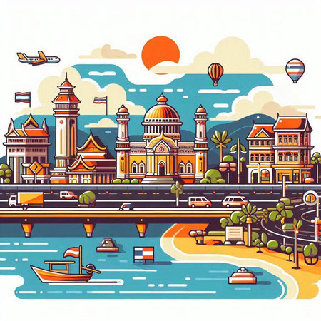 Vector illustration of Singapore city in flat style. Landmarks of Singapore.のイラスト素材