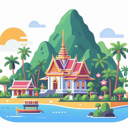 Thai temple on the shore of the sea, vector illustration.のイラスト素材