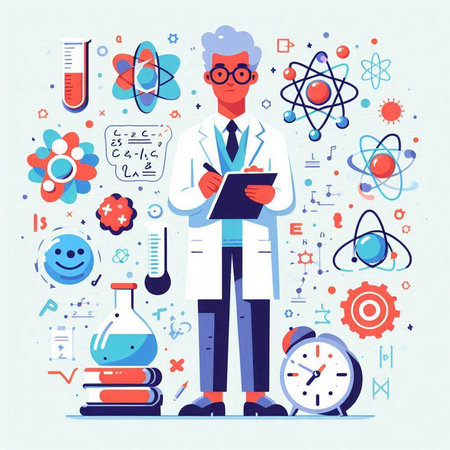 Scientist in white coat and glasses writes in notebook. Flat vector illustration.のイラスト素材