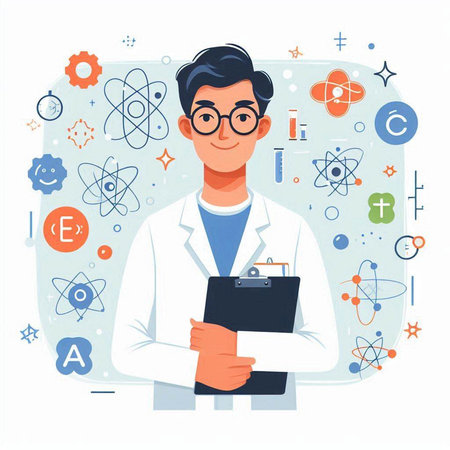 Scientist man with a clipboard in his hands. Vector flat cartoon illustrationのイラスト素材
