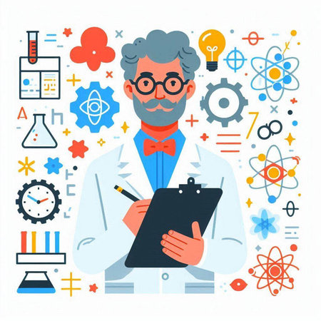 Scientist with clipboard. Vector illustration in flat cartoon style. Design for banner, poster or print.のイラスト素材