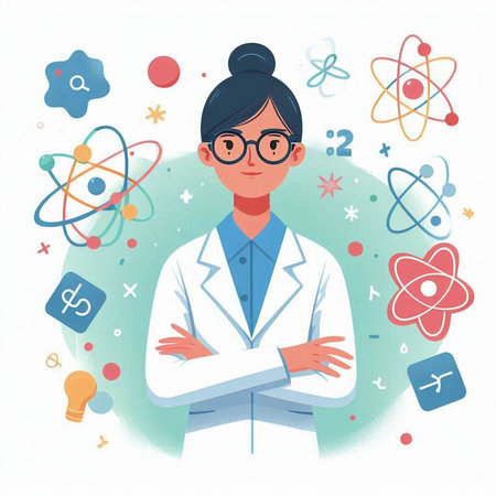 Scientist woman in white coat and glasses. Vector illustration in flat style.のイラスト素材