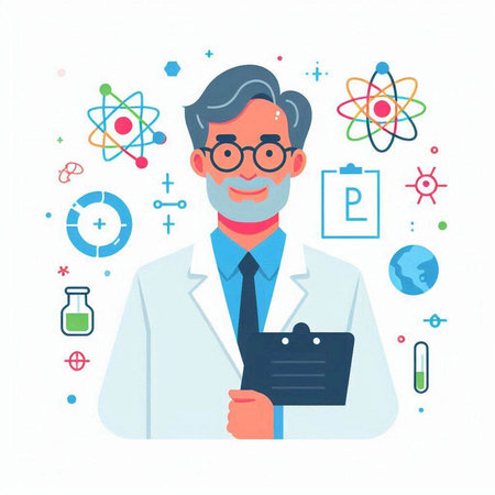 Scientist man in lab coat and glasses. Vector illustration in flat styleのイラスト素材