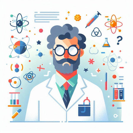 Scientist in laboratory. Vector illustration in flat design style. Science concept.のイラスト素材