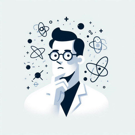 Vector illustration of a man in a lab coat and glasses with chemical formulas.のイラスト素材