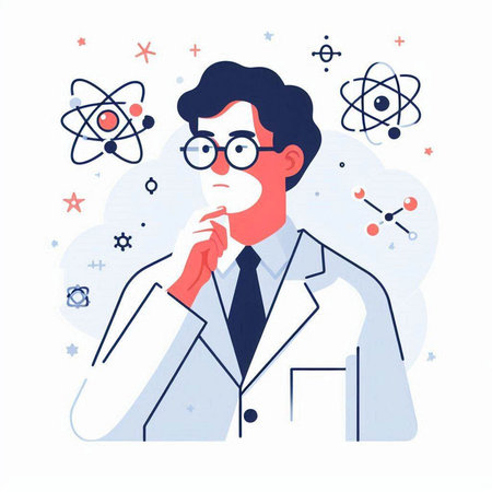 Vector illustration of young scientist in lab coat and glasses looking at atom.のイラスト素材