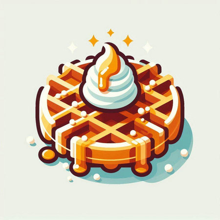 Belgian waffle with whipped cream and caramel. Vector illustration.のイラスト素材