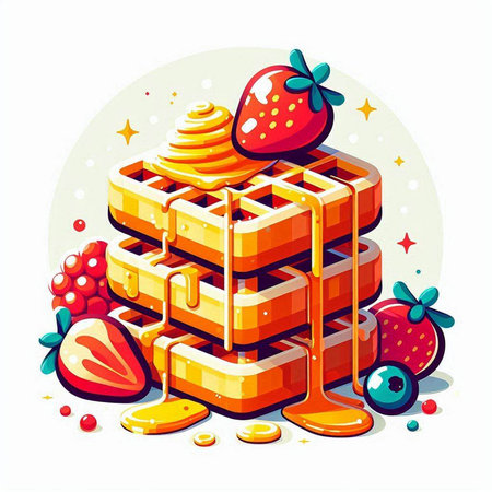 Belgian waffles with honey and strawberries. Sweet dessert. Vector illustration.のイラスト素材