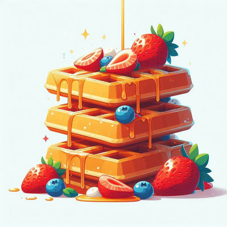 Pile of tasty waffles with fresh berries. Vector illustration.のイラスト素材