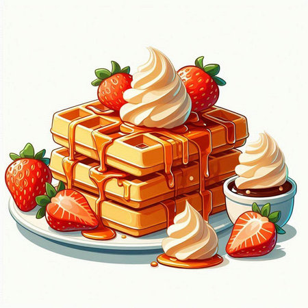 Belgian waffles with whipped cream and strawberries. Vector illustration.のイラスト素材