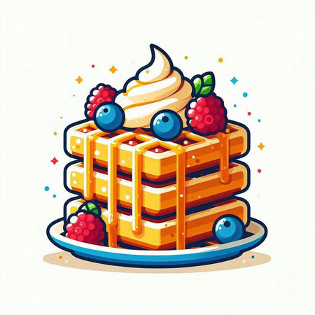 Sweet waffle with whipped cream and fresh berries. Vector illustration.のイラスト素材