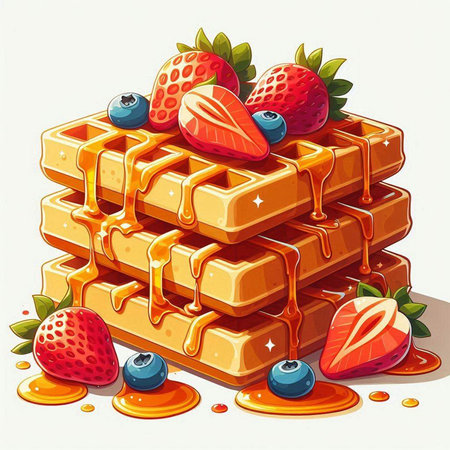 Vector illustration of a stack of waffles with fresh berries and honeyのイラスト素材
