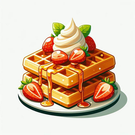 Belgian waffles with whipped cream and strawberries. Vector illustration.のイラスト素材
