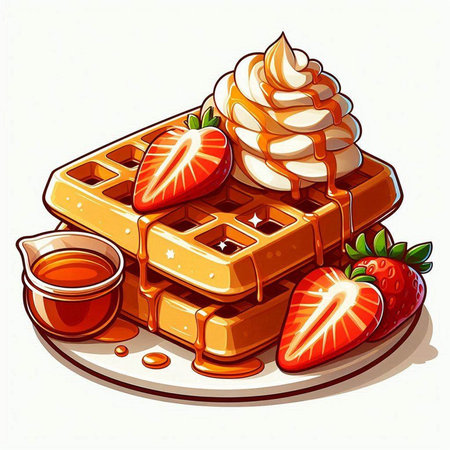 Belgian waffles with whipped cream and strawberries. Vector illustration.のイラスト素材