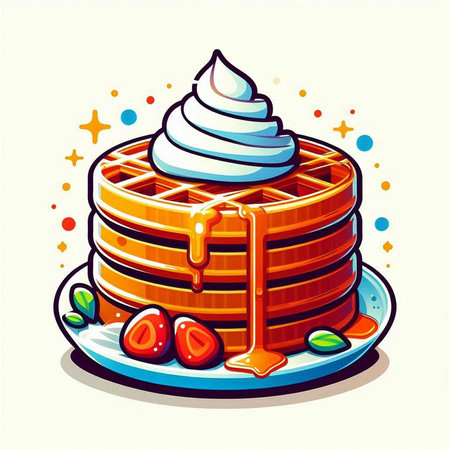 Belgian waffles with whipped cream and syrup. Vector illustration.のイラスト素材