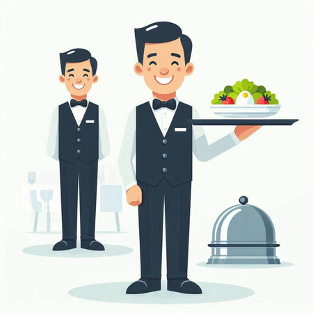 Waiter serving food on tray. Vector illustration in cartoon style.のイラスト素材