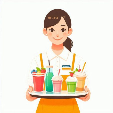 Girl holding a tray with smoothies. Vector illustration in cartoon style.のイラスト素材