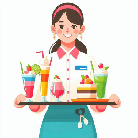 Young woman waiter holding a tray full of various smoothies. Vector illustration.のイラスト素材