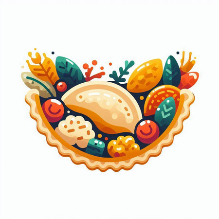 Illustration of a pie with meat, vegetables and fruits. Vector illustrationのイラスト素材
