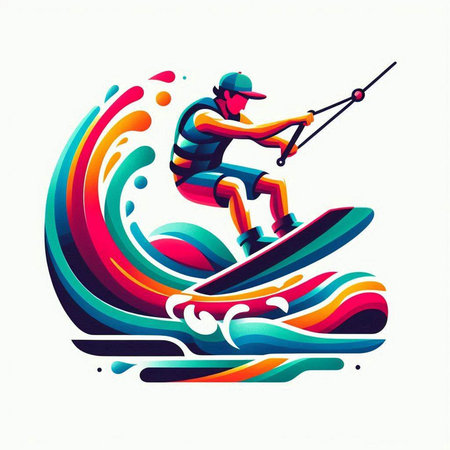 Water skiing, extreme sport vector illustration. Colorful abstract background.のイラスト素材