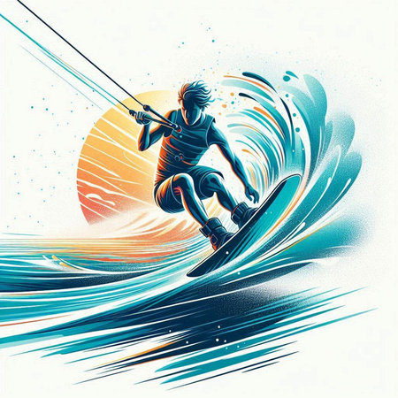 illustration of a man riding a wakeboard on a surfboardのイラスト素材